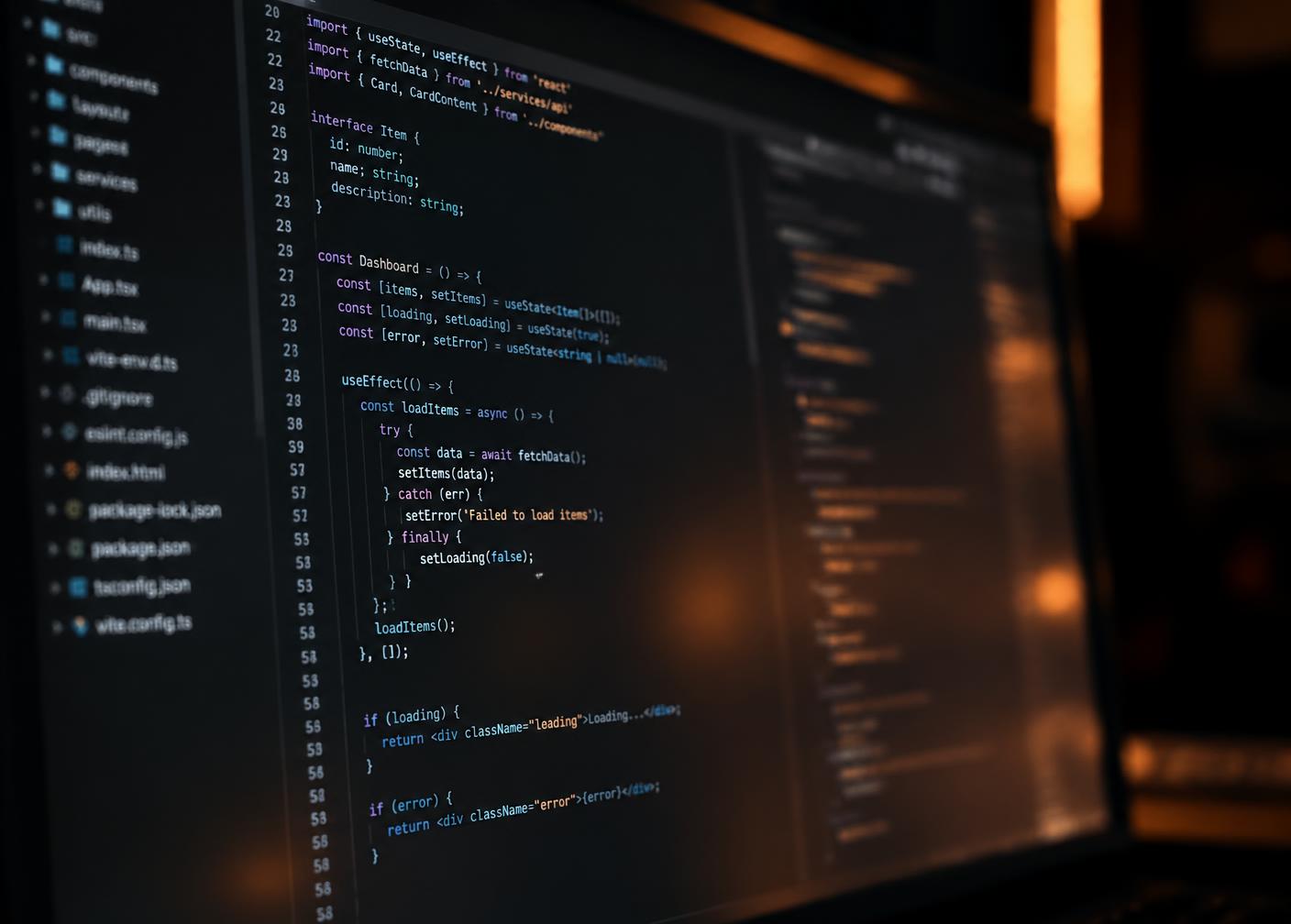 Source code displayed on a monitor in a dark room with warm reflections